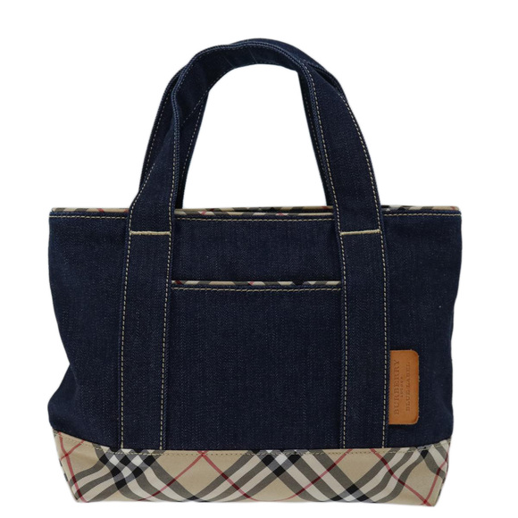 BURBERRY Nova Check Blue Label Hand Bag Denim Navy Beige Auth bs13210 - Picture 3 of 16